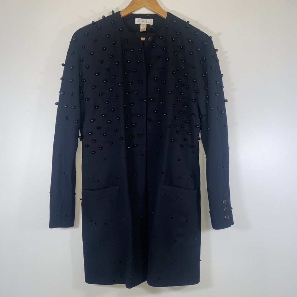 Vintage 80s Beaded Wool‎ Jacket Pearl C Black Embellished Minimalist Outerwear